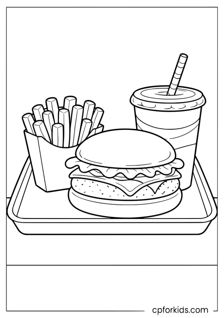 Burger meal tray with soda cup coloring page