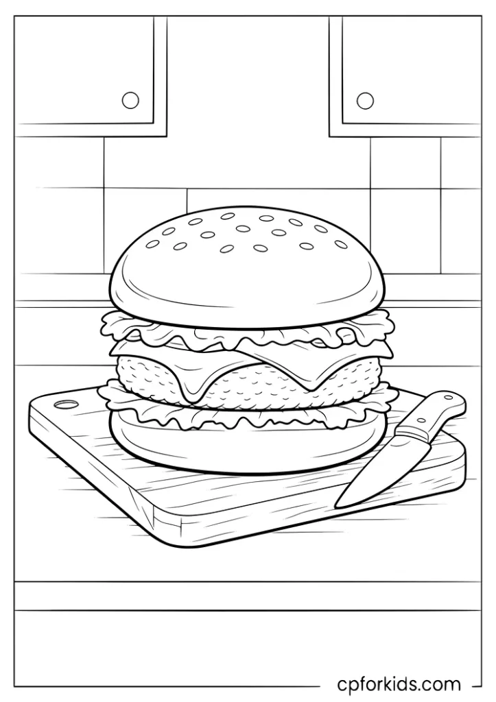 Burger on a cutting board with knife coloring page