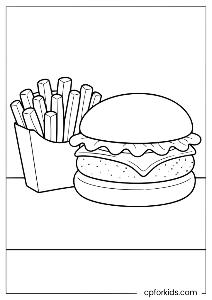 Burger with fries on the side coloring page