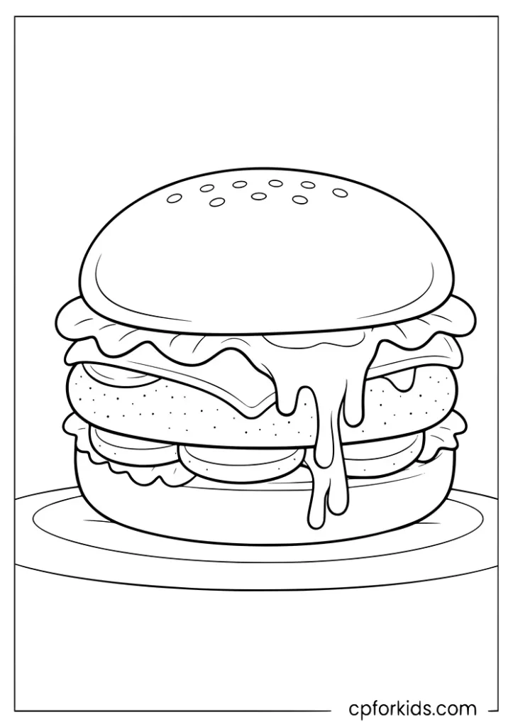 Burger with melted cheese drip coloring page