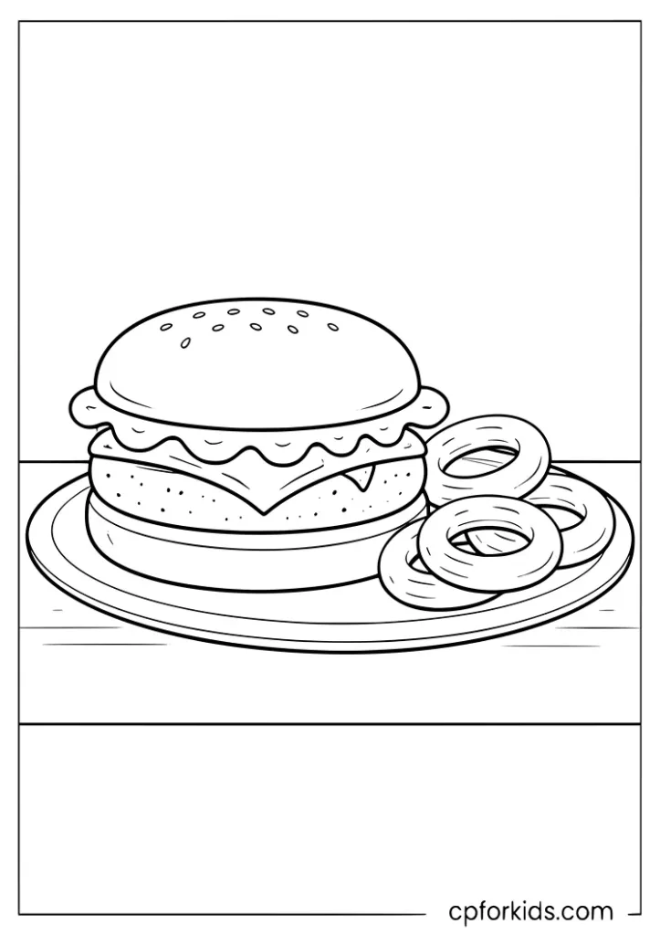 Burger with onion rings coloring page
