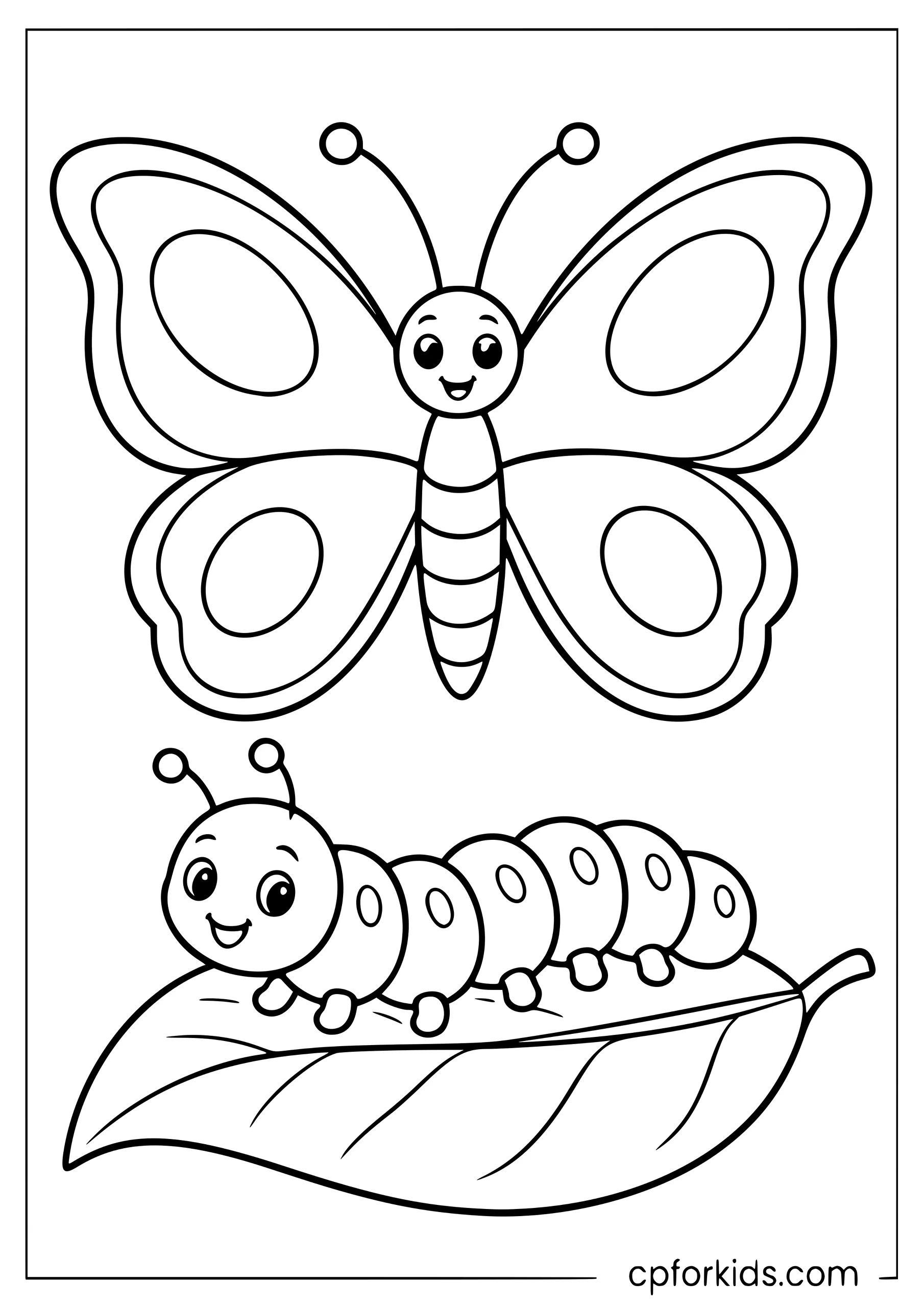 Butterfly flying above a caterpillar on a leaf