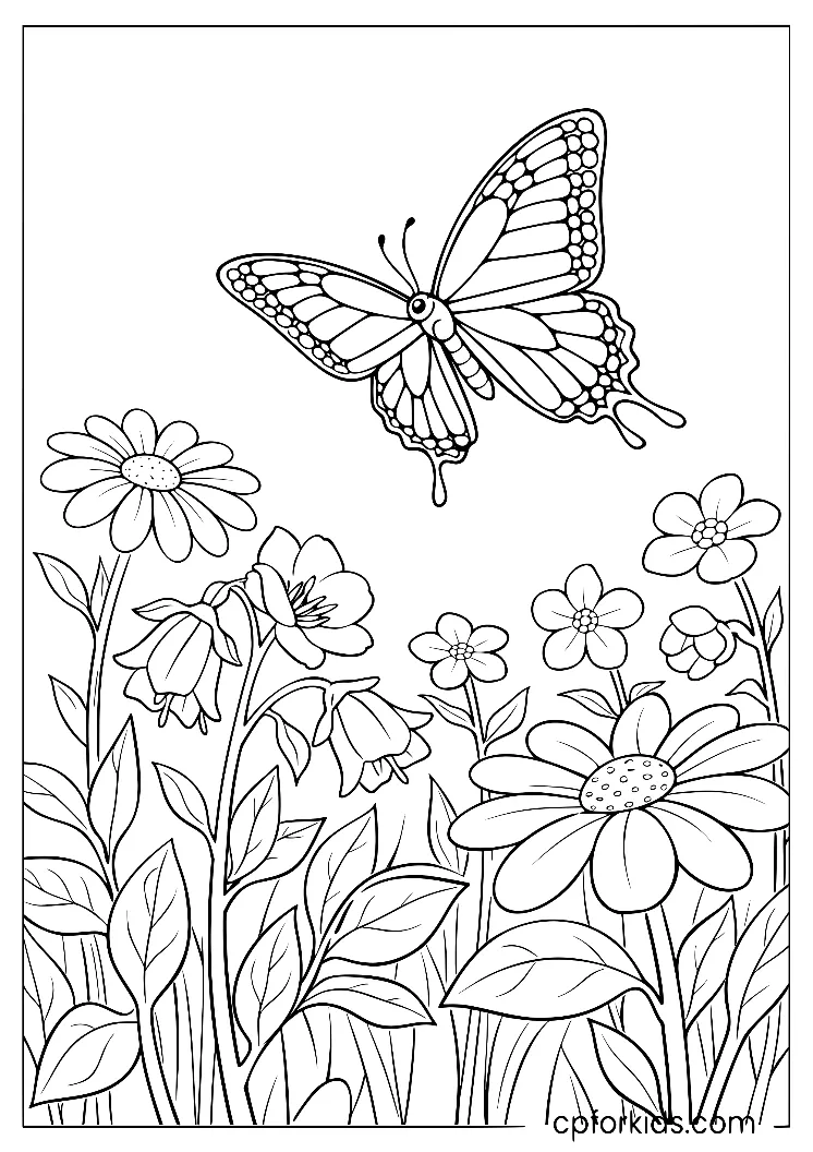 Butterfly flying above a field of flowers and leaves