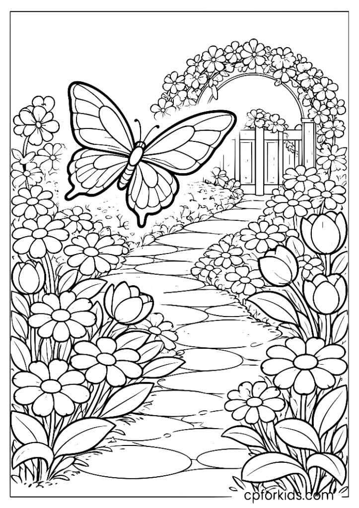 Butterfly garden scene coloring page with a curved garden path