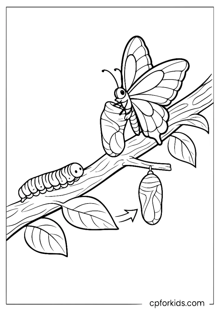 Butterfly metamorphosis on a branch coloring page with caterpillar and chrysalis