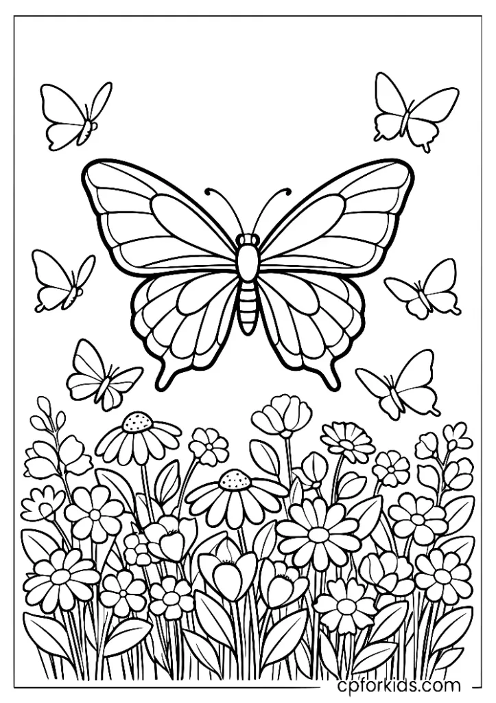 Butterfly swarm over wildflowers coloring page with a large main butterfly