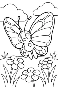 Butterfree flying above large flowers in an open meadow