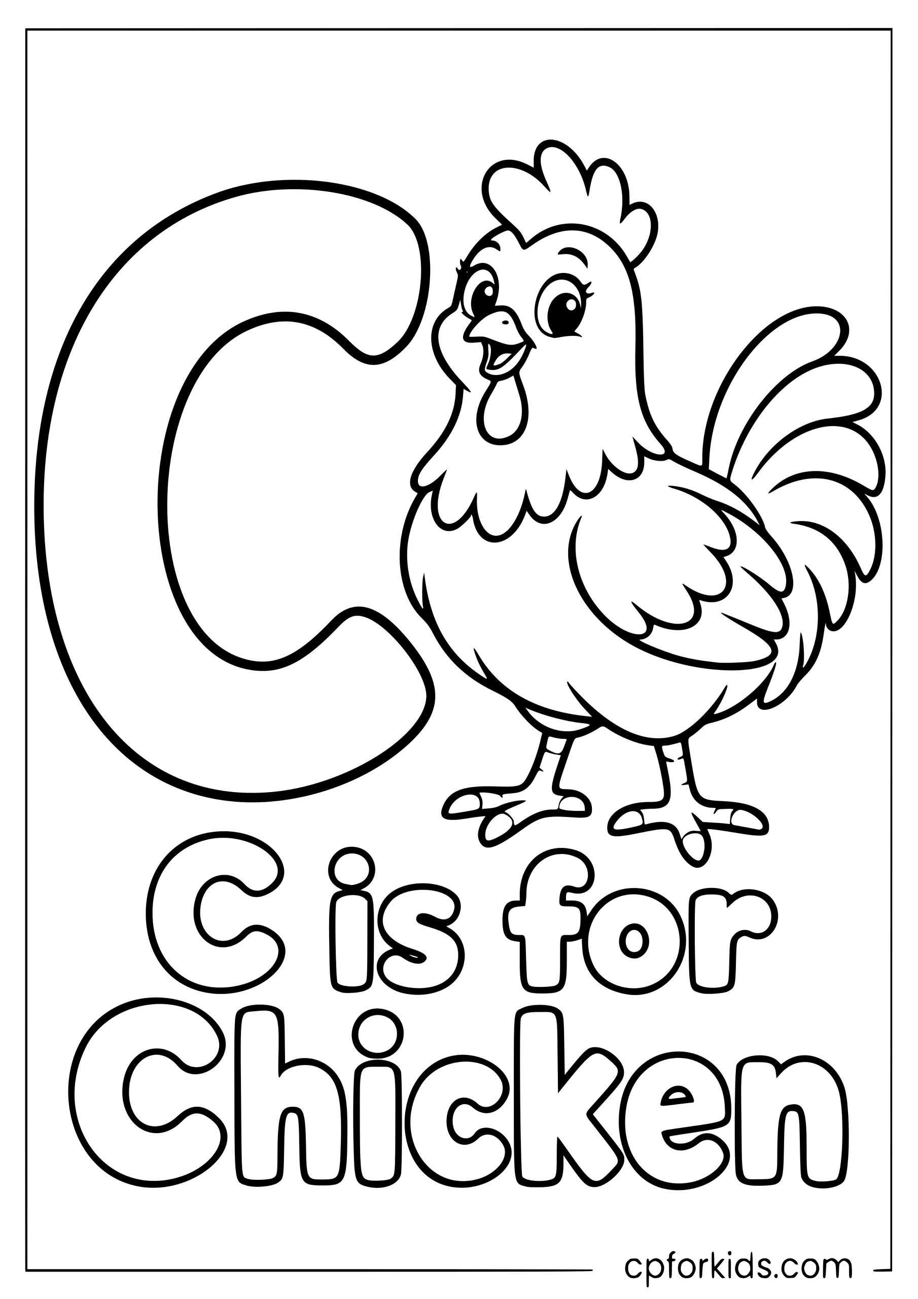 Letter C beside a simple cartoon chicken