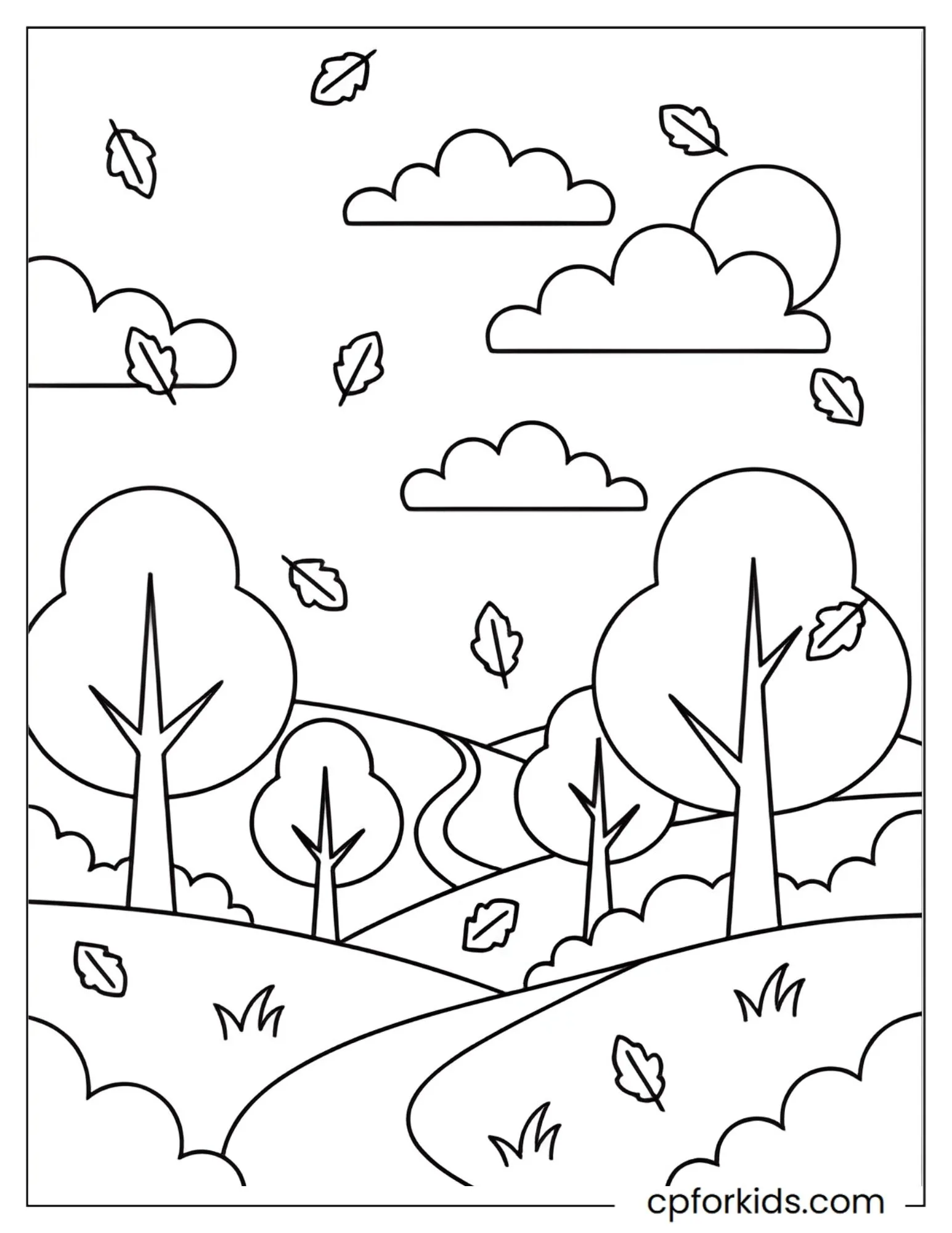 Rolling hills and tall trees with leaves drifting down