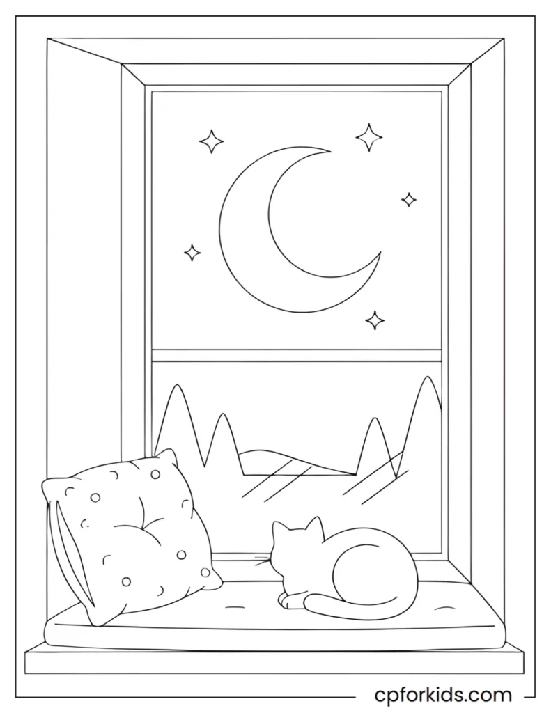 Calm & Soft Aesthetic Designs Calm aesthetic coloring page featuring a cozy window seat scene with a cat gazing at the moon in soft, clean line art.