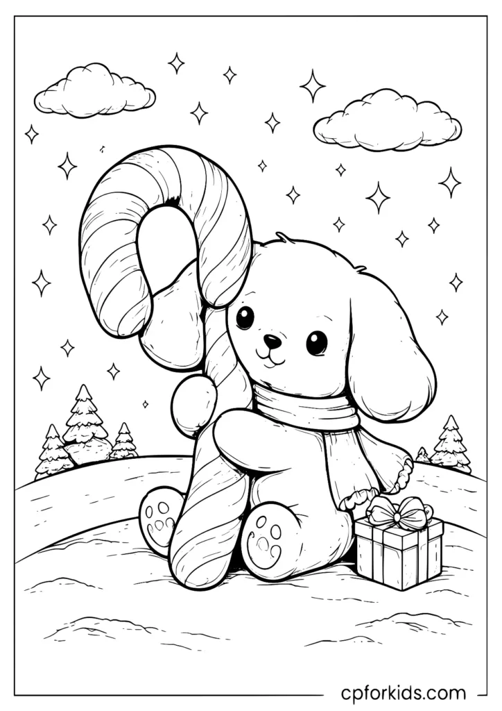 Floppy-eared puppy holding a candy cane