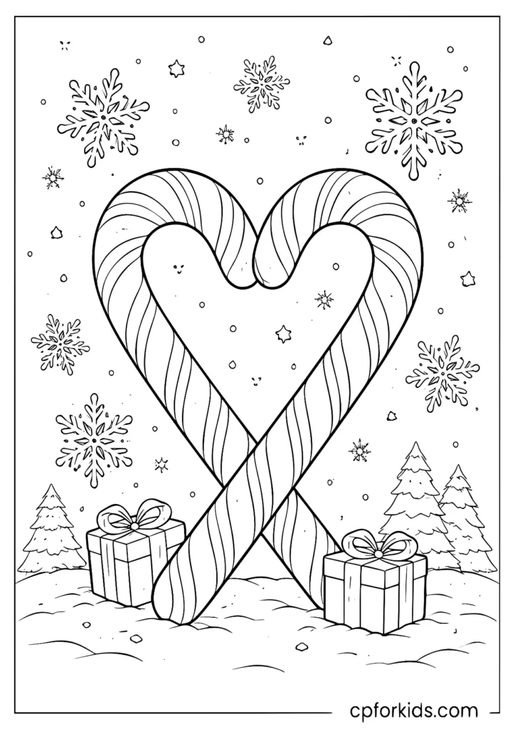 Heart shape made of two candy canes surrounded by winter snowflakes