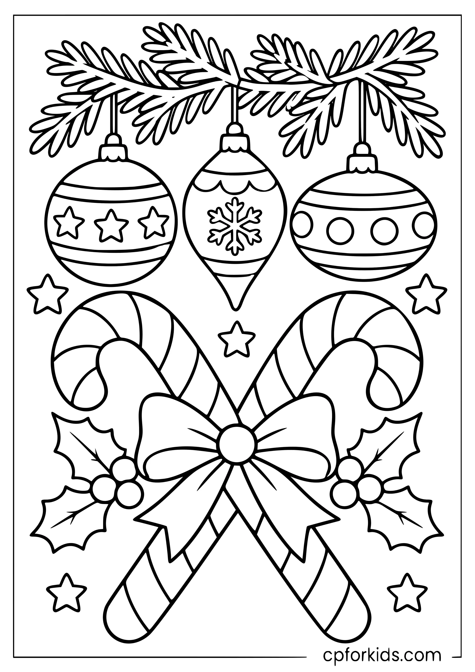 Crossed candy canes beneath three hanging ornaments