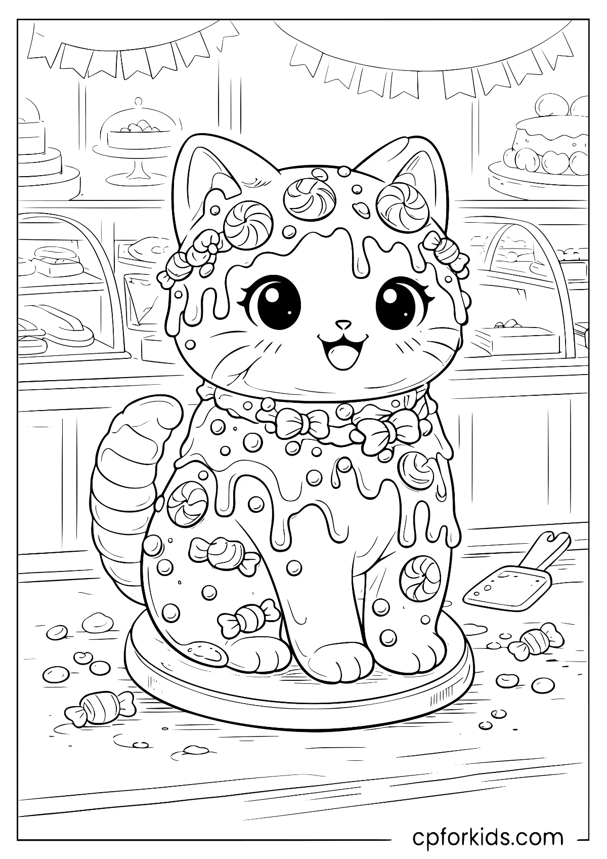 Candy cat sculpture being decorated on a pastry counter