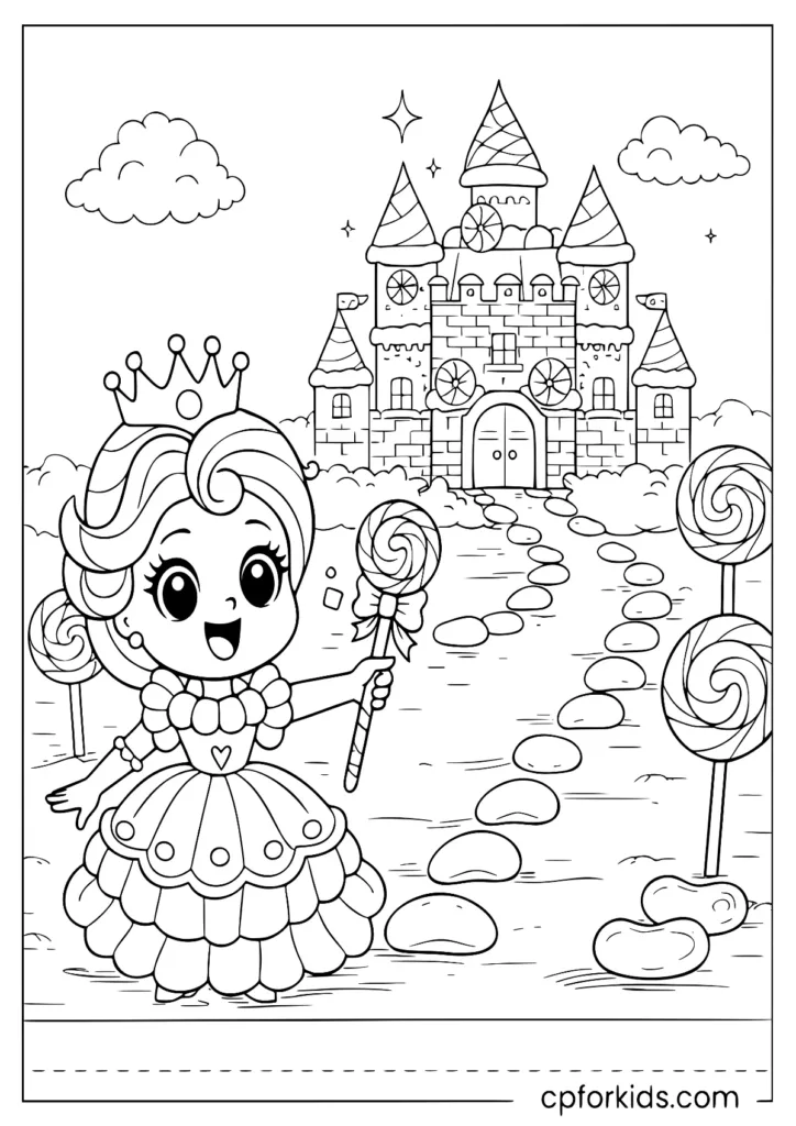 Candy princess pointing toward a candy castle