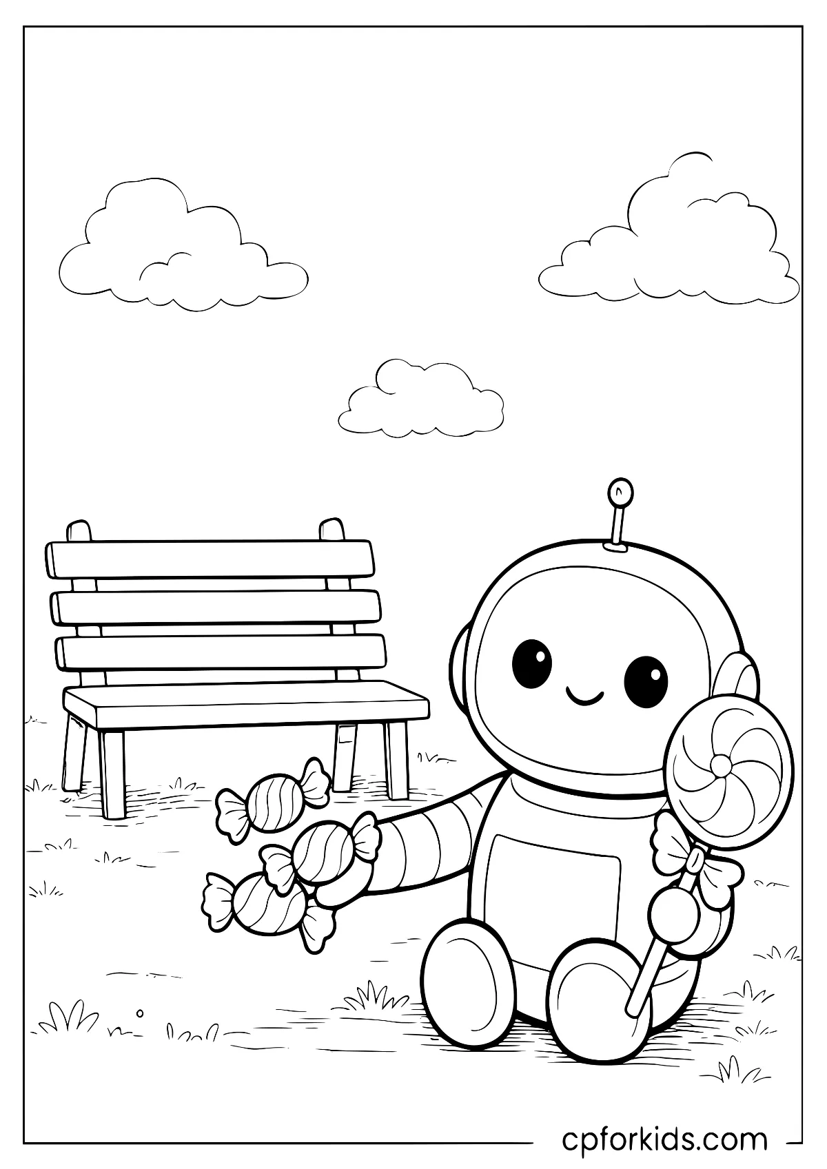 Cute robot sharing sweets on a park bench