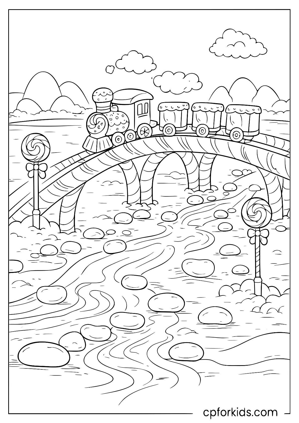 Little candy train crossing a candy cane bridge
