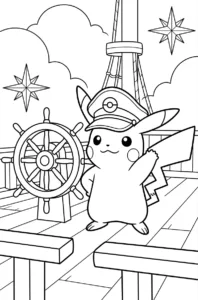 Captain Pikachu standing on an airship deck beside a steering wheel