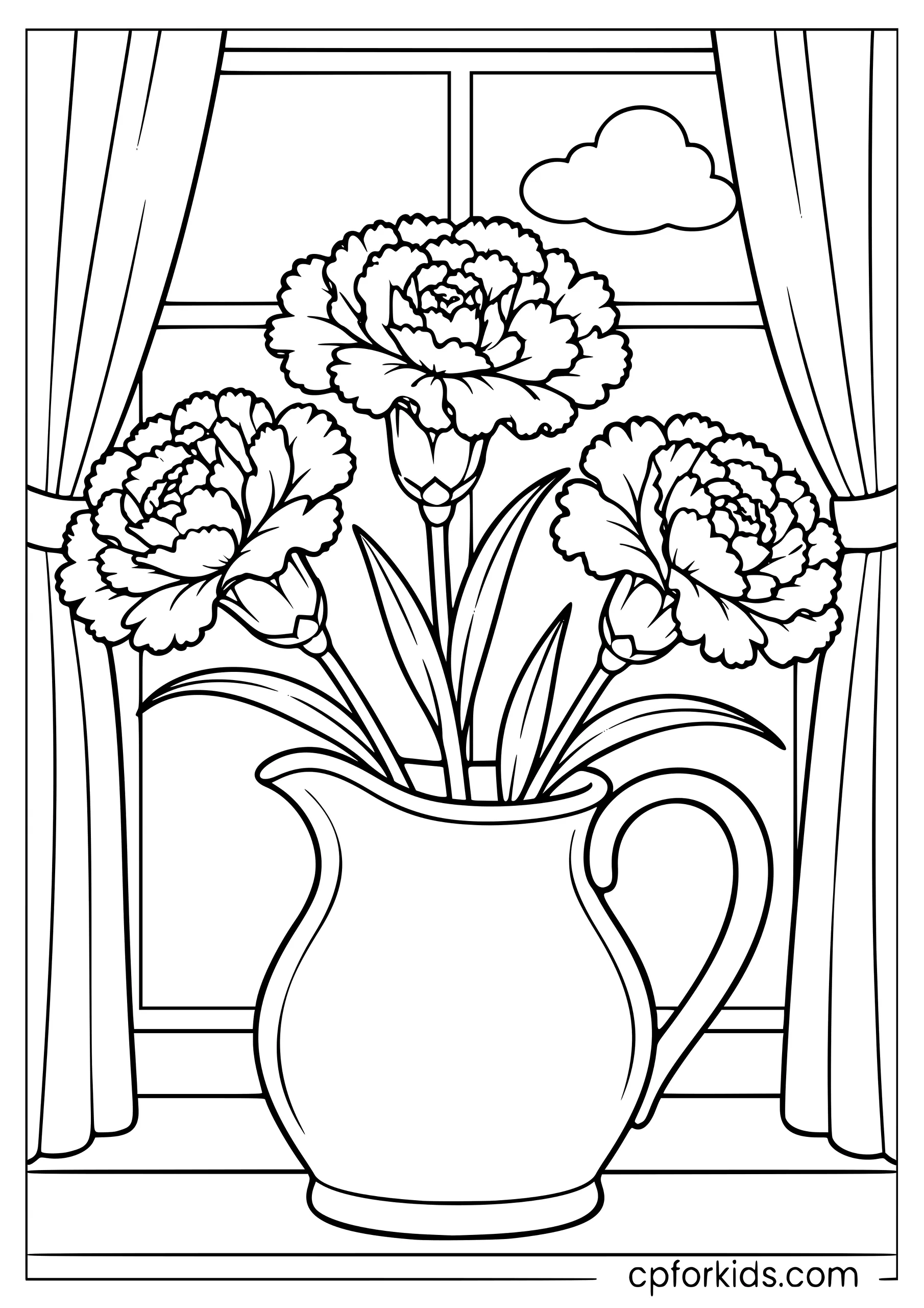 Three carnations in a pitcher on a windowsill