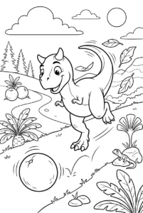 Cute Carnotaurus chasing a rolling fruit online coloring page