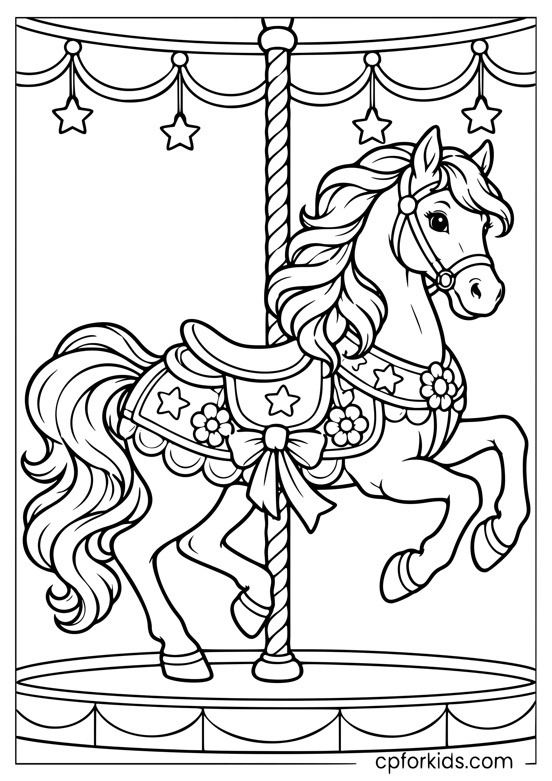 Decorated carousel horse raised beside vertical pole