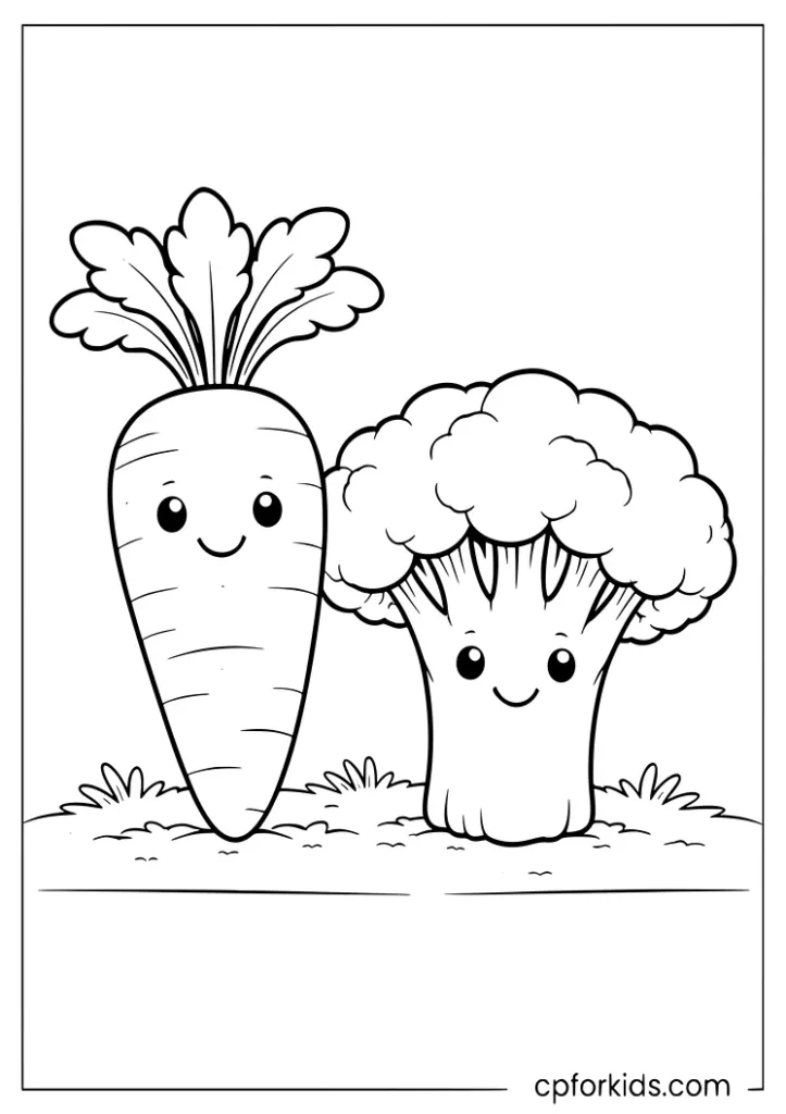 Carrot and broccoli healthy food coloring page for preschoolers