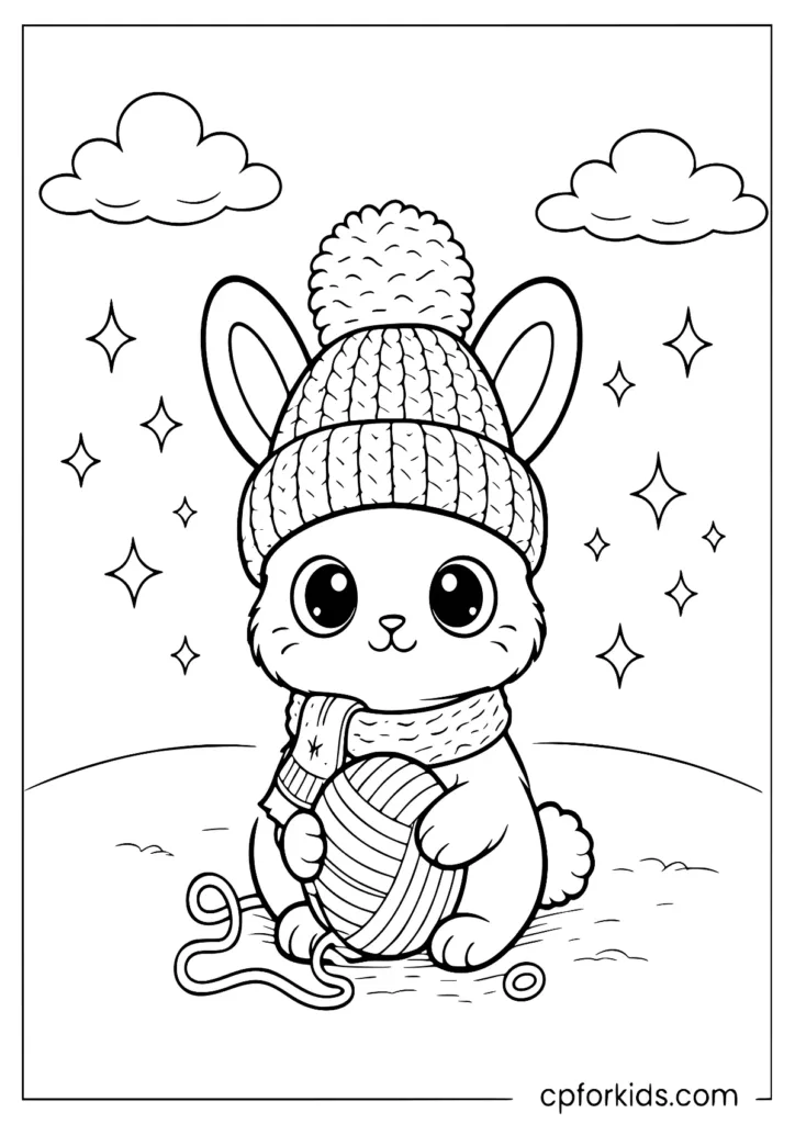 Cartoon bunny wearing knitted hat with yarn ball coloring page