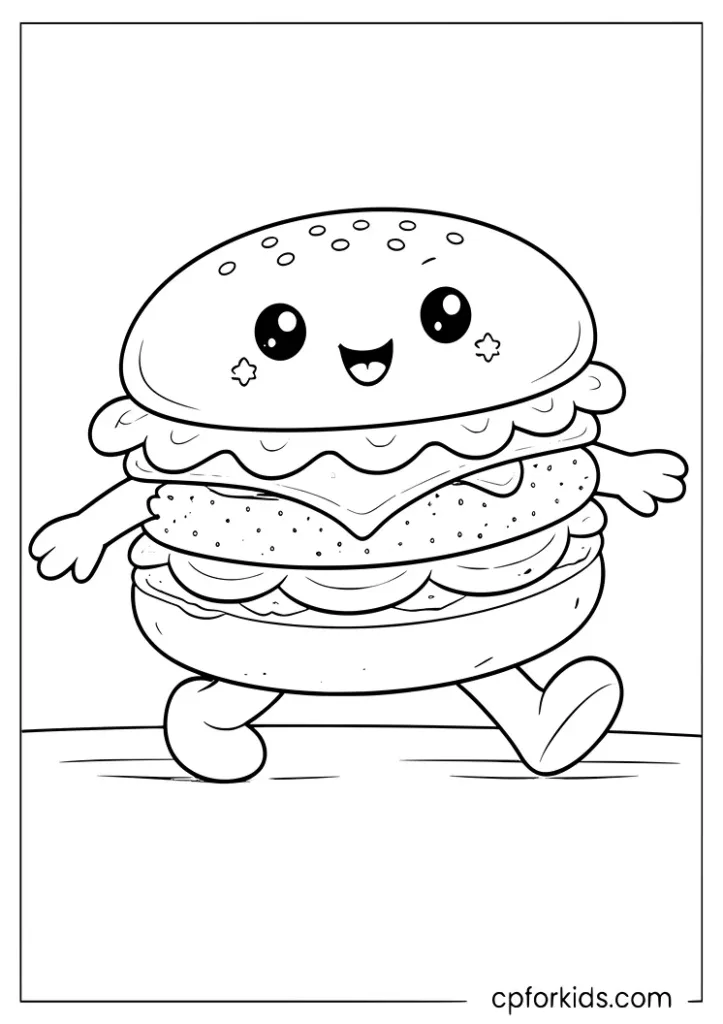 Cartoon burger walking coloring page
