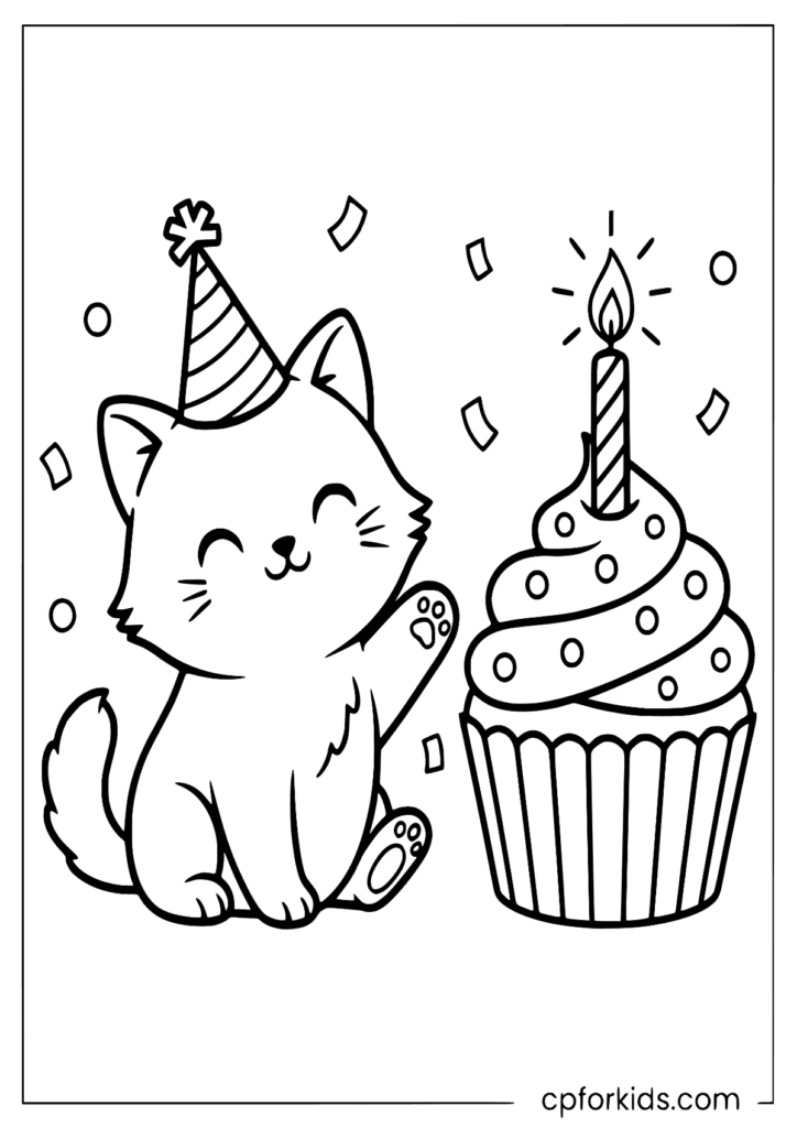 Happy birthday cupcake coloring page with cat