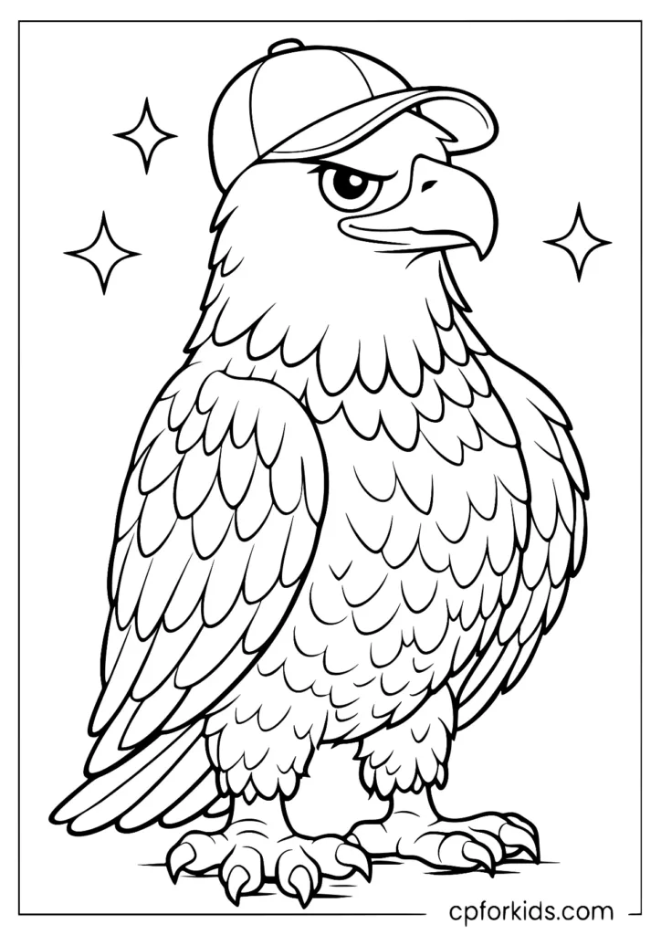 Funny cartoon eagle wearing a baseball cap coloring page.