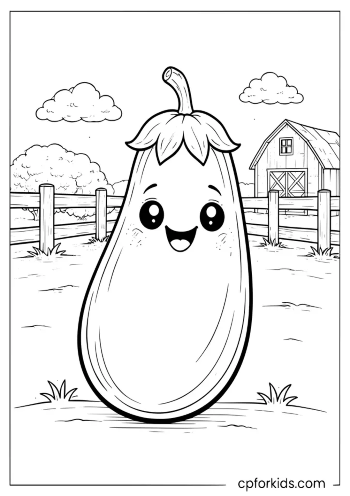 Cartoon eggplant vegetable with big eyes in a farmyard coloring page for kids