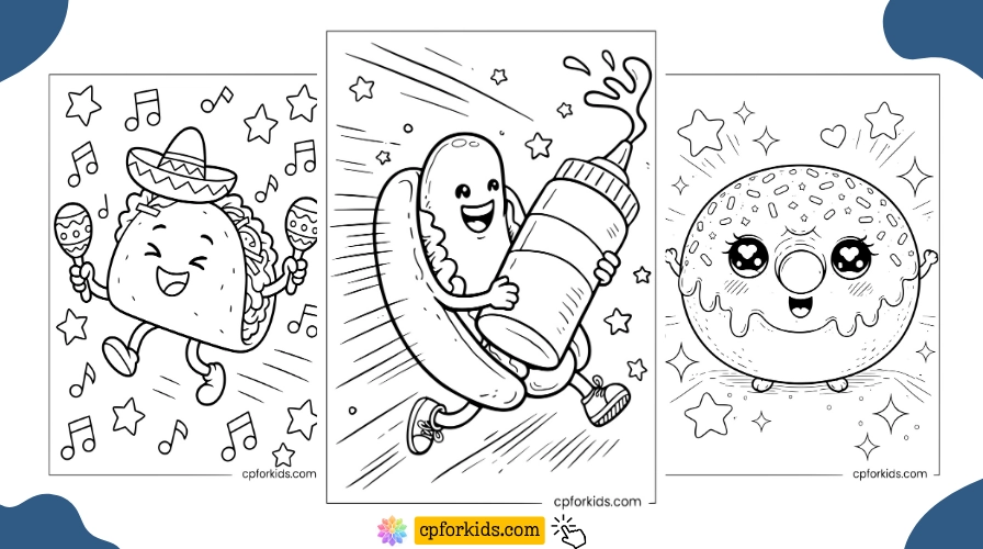Cartoon taco dancing with maracas, hot dog running with a mustard bottle, and kawaii donut with sprinkles
