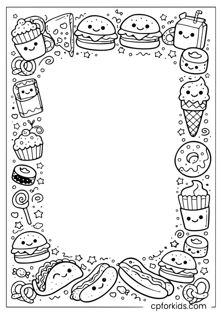 Cartoon food doodle border frame with empty center for writing or drawing coloring page