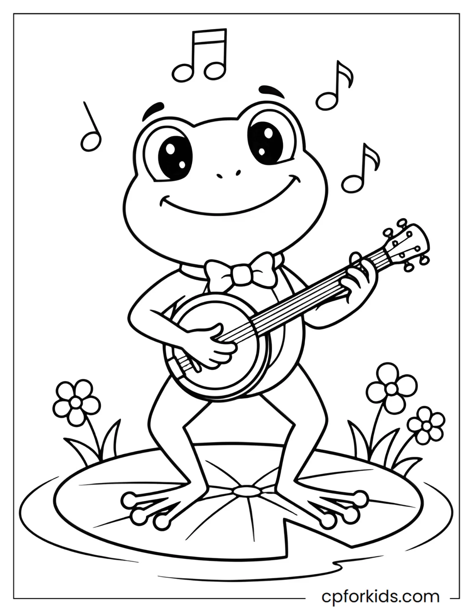 Frog playing a banjo while sitting on a lily pad