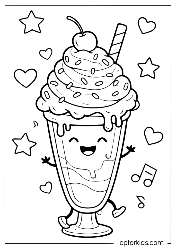 Cartoon milkshake overflowing with whipped cream and cherry on top coloring page