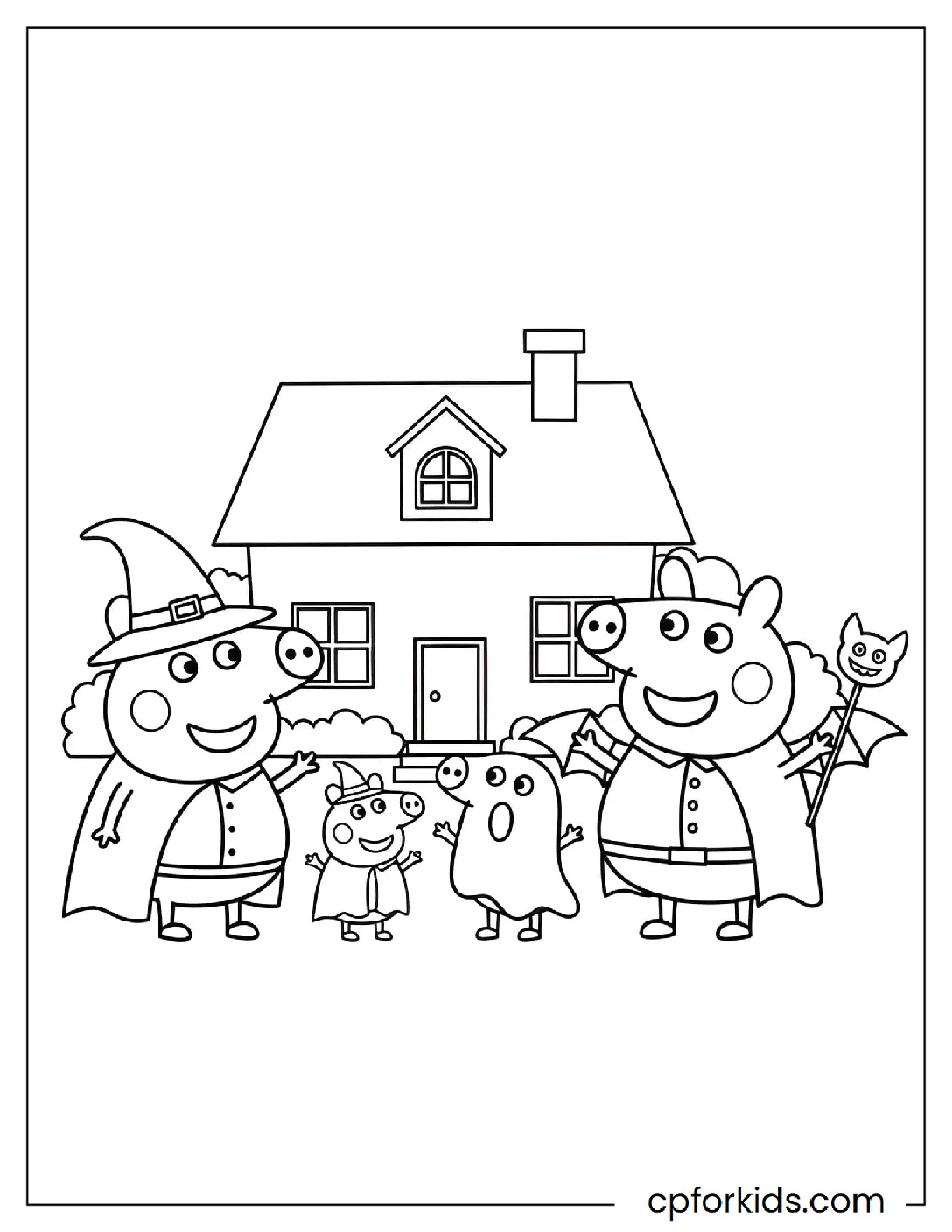 Pig family wearing Halloween costumes