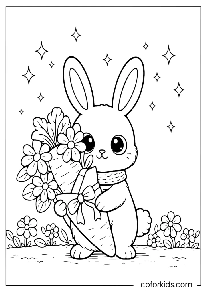 Cartoon rabbit holding carrot bouquet with flowers coloring page