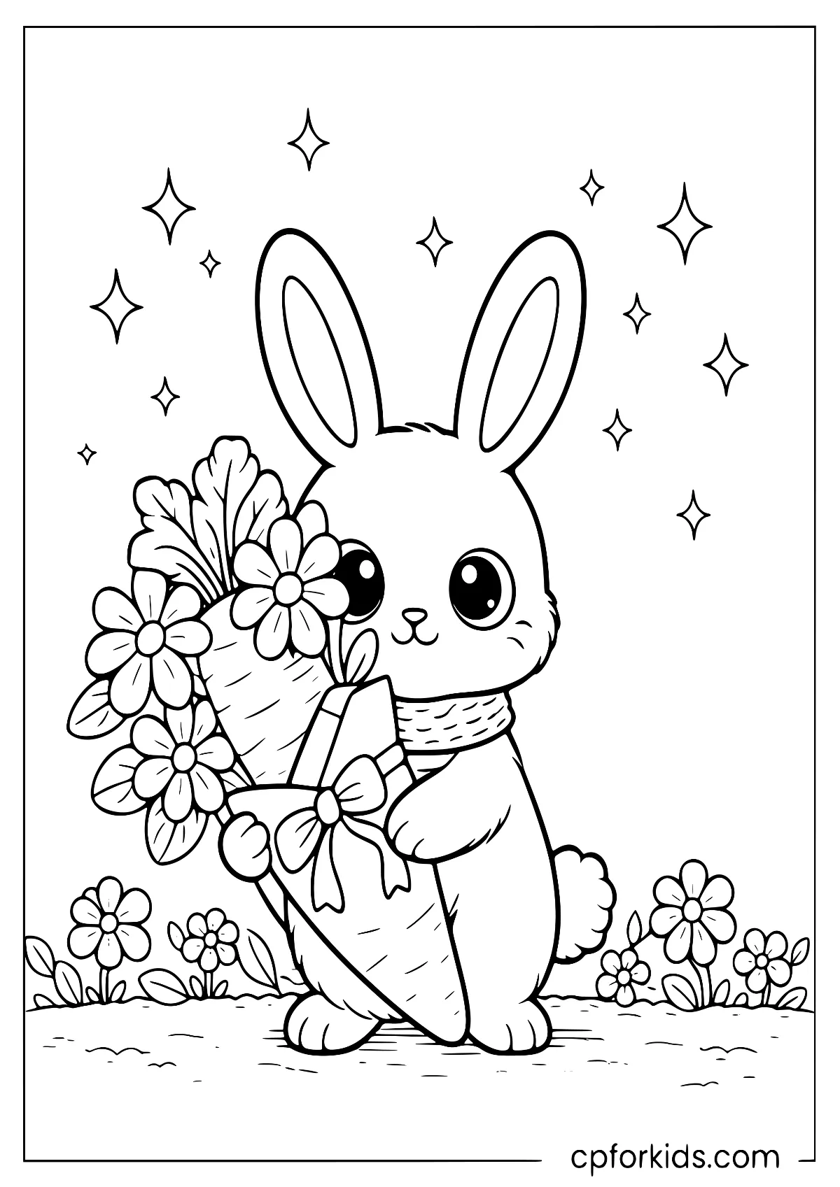 Cartoon rabbit holding a bouquet of carrots and flowers