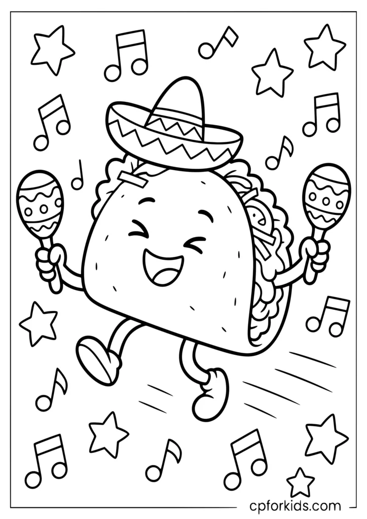 Cartoon taco dancing with maracas at a fiesta coloring sheet for kids