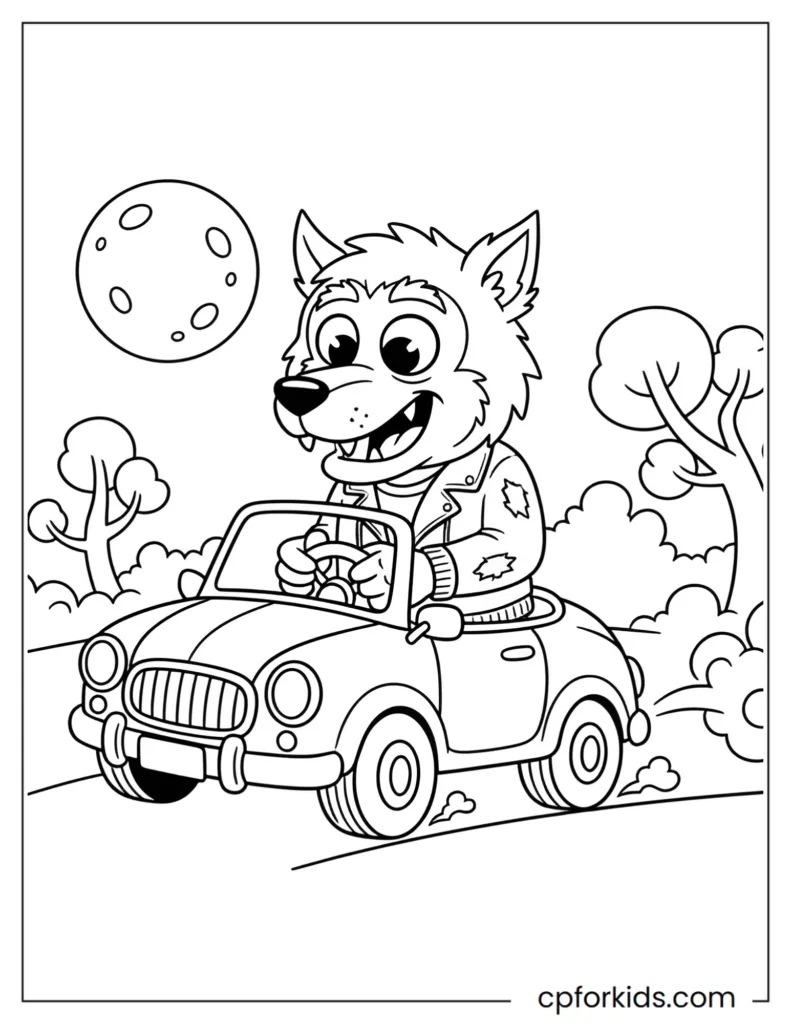 Humorous cartoon werewolf driving a car, thick outlines, funny coloring page for kids.