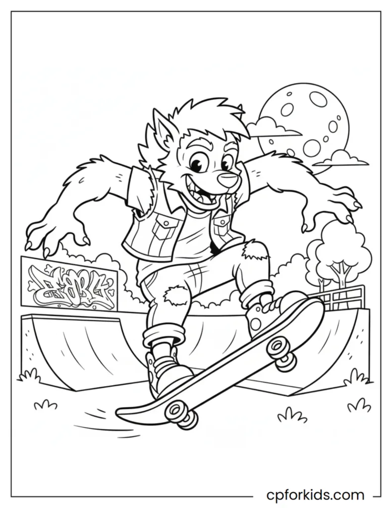 Cartoon werewolf riding a skateboard in a dynamic action pose, fun coloring page.