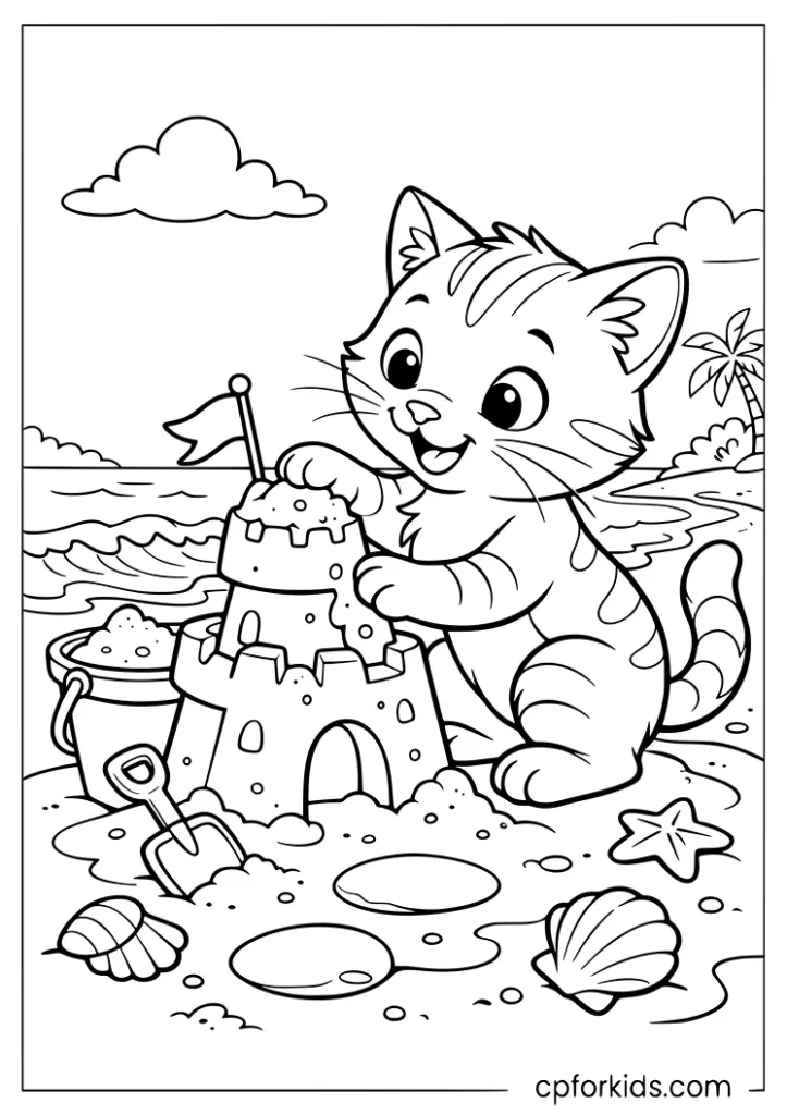 Playful cat building a sandcastle at the beach coloring page