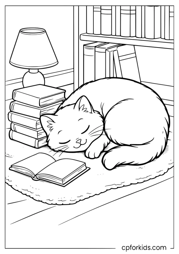 Cozy cat curled up beside books in a library coloring page