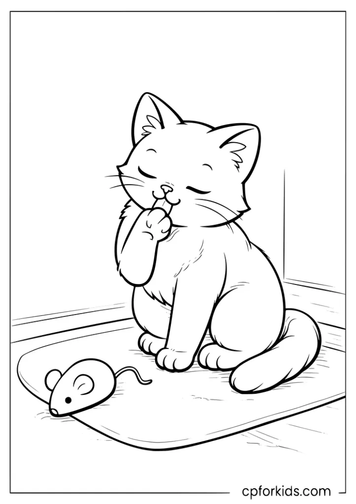 Cat grooming its paw indoors coloring page