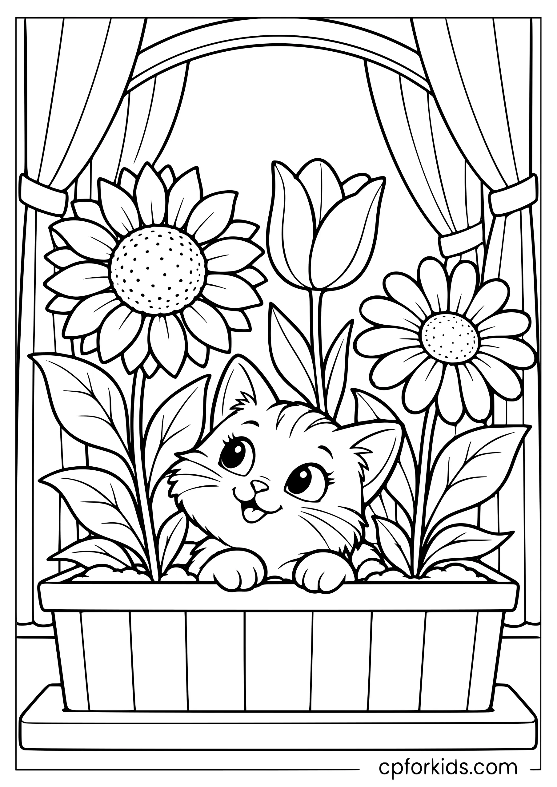 Cat peeking between flowers in a window planter