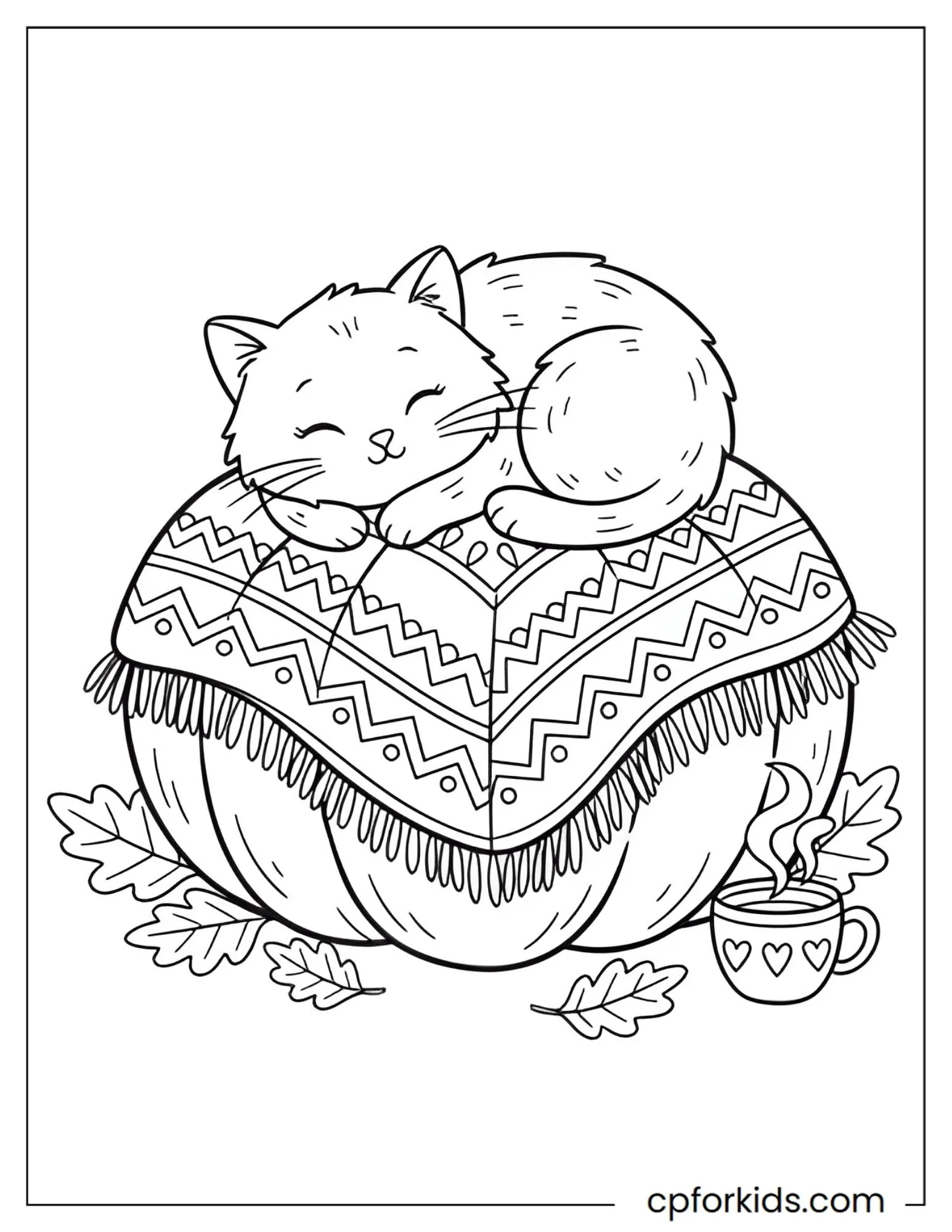 Cat curled up on a pumpkin with a blanket