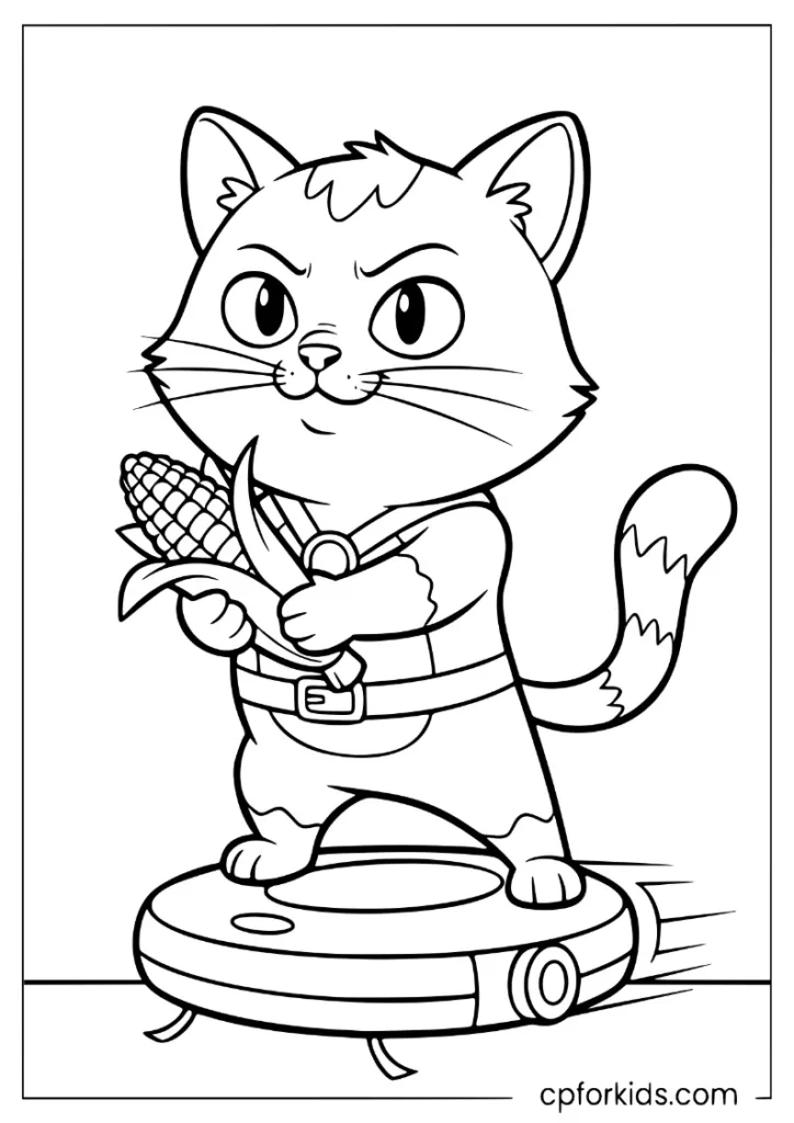 Cat riding a robot vacuum with corn, funny November coloring printable.