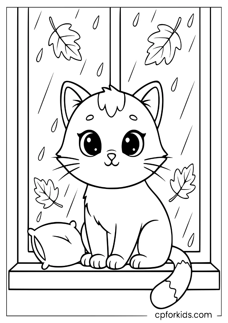 Cat sitting on a windowsill watching rain