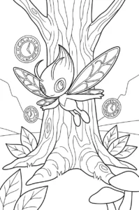 Celebi flying around a giant tree with leaves and mushrooms