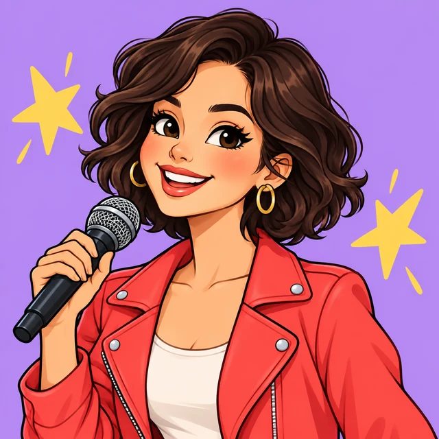 Cartoon singer holding a microphone against a purple background